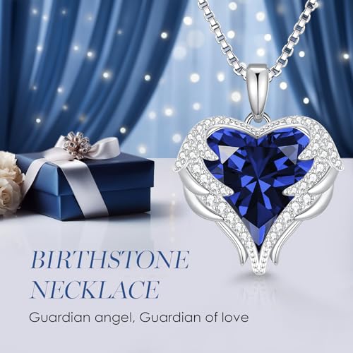 CDE Angel Wings Heart Birthstone Pendant Necklace Gift for Women | Silver/Gold Tone,Ideal Birthday & Anniversary Jewelry Gift for Wife,Girlfriend,Her - color: White-09-Spahhire Blue Birthstone