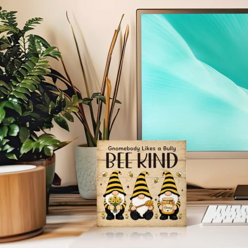 Gnomebody Likes A Bully Bee Kind Wooden Box Sign Farmhouse Gifts | 6x6 Inch Funny Bee Gnome Office Table Wood Plaque Desk Decor, Rustic Accent Home Kitchen Classroom Bedroom, Bees Lover Gifts - color: Yellow-Black