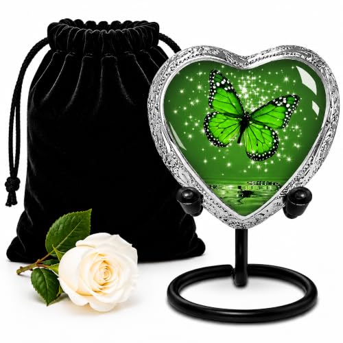 Green Butterfly Heart Keepsake Urn for Human Ashes – Small Sharing Cremation Urn for Adult Female or Male, Memorial Heart with Stand for Men & Women - color: Green, size: Small Heart