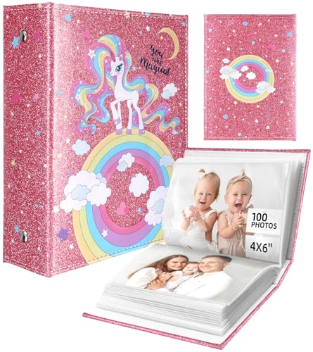 Slohif Photo Album for kids 4x6 Pictures Leather Small Baby Memory Book Keepsake for My First Family 100 Pockets Personalized Photobook for Boys Girls Toddler Travel Birthday Anniversary Rainbow - style: Rainbow