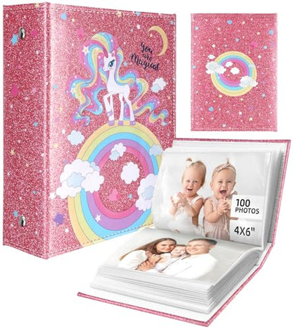 Slohif Photo Album for kids 4x6 Pictures Leather Small Baby Memory Book Keepsake for My First Family 100 Pockets Personalized Photobook for Boys Girls Toddler Travel Birthday Anniversary Rainbow - style: Rainbow