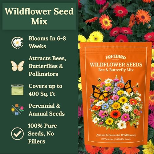 Freebird Wildflower Seeds for Bees & Butterflies - 22 Variety Mix - 4 oz