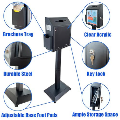 Floor Standing Metal Suggestion Box with Lock & Display Holder | Offering & Collection Box for Churches, Offices, Schools, Reception Areas, Donations, Ballots & Events - color: Matte Black
