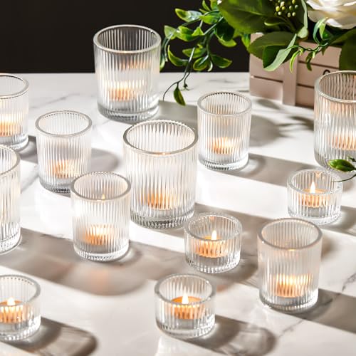 Mumufy 24 Pcs Assorted Votive Candle Holders for Tealight Candle, Clear | Ribbed Glass Tealight Candle Holder Bulk for Table Centerpiece, Baby Shower, Home and Wedding Party Decoration