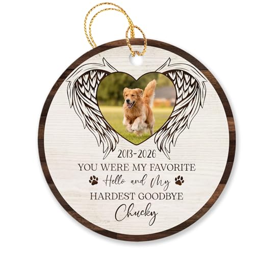Personalized Pet Dog Cat Angel Wings Picture Frame Ornament 2026, You were My Favorite Hello & My Hardest Goodbye Ornament, Custom Name Photo Dog Cat Christmas Sympathy Ornament Gift for Loss of Pet - color: My Favorite Hello & My Hardest Goodbye Ornament