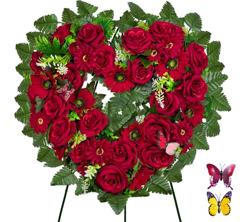 Cemetery Wreaths - Ebullient Remembrance Standing Heart, Grave Wreath with 30 Inch Easel Stand,Memorial Floral-Red Rose