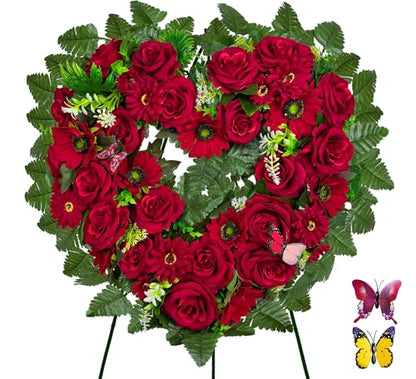Cemetery Wreaths - Ebullient Remembrance Standing Heart, Grave Wreath with 30 Inch Easel Stand,Memorial Floral-Red Rose