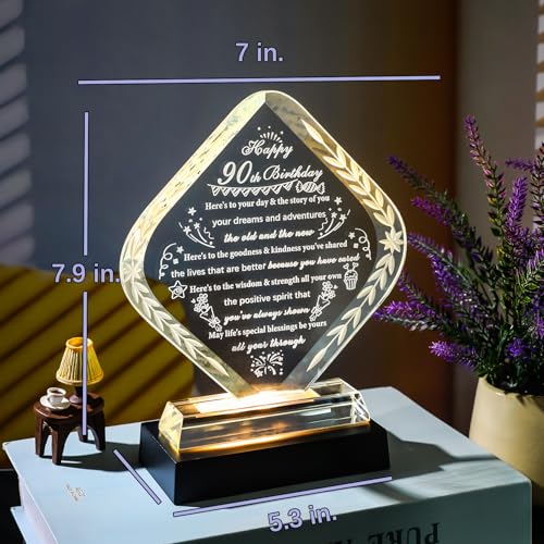 YWHL 90th Birthday Gifts for Men Women Happy 90th Birthday Decorations Crystal 90 Year Old Gift Ideas for Wife Mom Dad Husband Grandma Who Born in 1935 - style: 90th Birthday Gifts+Light Base