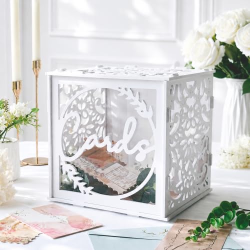 White Wedding Card Box for Reception, Large Envelope Holder Wedding Decor | Elegant Card Box For Wedding With Acrylic Window, Sturdy Money Box And Gift Card Box For Graduation Card Box Storage - size: L