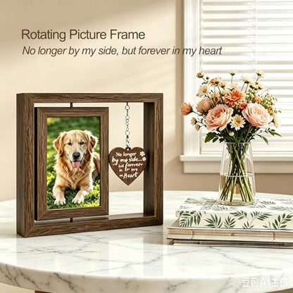 Dog Memorial Picture Frame 4x6 Rotating Wooden Photo Frame Pet Loss Sympathy Gift Bereavement Remembrance Keepsake with Paw Pendant for Dog Cat Lovers