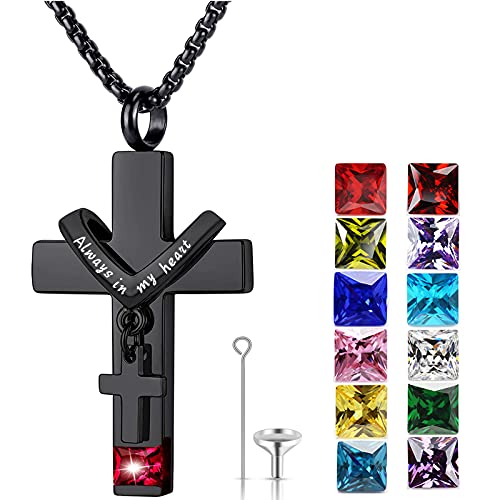 YOUFENG Birthstones Urn Necklaces for Ashes Cross Cremation Pendant Urns for Human Ashes Memorial Keepsake Locket Jewelry - style: January-birthstones
