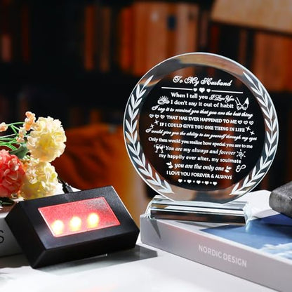 YWHL Gifts for Husband from Wife with Colorful LED Base Anniversary Birthday Husband Gifts Ideas to My Husband Crystal keepsake Best I Love You Gift for Him on Valentine's Day Fathers Day Christmas - style: Husband Gifts+ LED Base Style 3