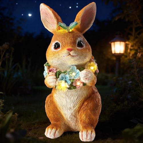 Solar Garden Statues Outdoor Bunny Decorations with Butterfly & Flowers Gifts for Mom, Grandma Spring Decor with 6 LED Night Accent Lights for Patio, Yard & Lawn, Mother Day Christmas Day Figurine - color: Rabbit