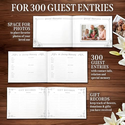 Funeral Guest Book – Black Memorial Guest Book for Funeral, “in Loving Memory” Gold Foil Sign in Book, Photo Slot Cover, 120 Pages, Pen & Stand Included