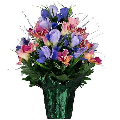 Artificial Cemetery Flowers - Grave Decoration - Cream Pink Tulips and Purple Iris (1) Potted Arrangement - color: Pink/Purple, size: (1) Pot