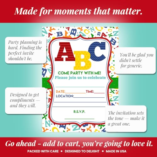 ABC Alphabet Letters and Learning Birthday Party Invitations, 20 5x7 Fill In Cards with Twenty White Envelopes by AmandaCreation - style: ABC Alphabet Letters