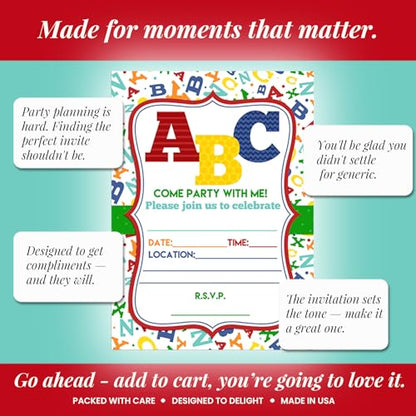 ABC Alphabet Letters and Learning Birthday Party Invitations, 20 5x7 Fill In Cards with Twenty White Envelopes by AmandaCreation - style: ABC Alphabet Letters