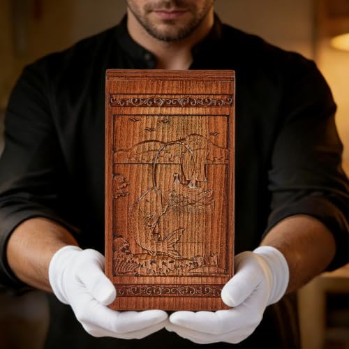Lotoo Wooden Urn for Ashes Adult Male Female, Hand-Carved Fishing Pattern Cremation Urns for Human Ashes, Decorative Funeral Memorial Urns Box for Men Women, Holds 250 Cubic Inches
