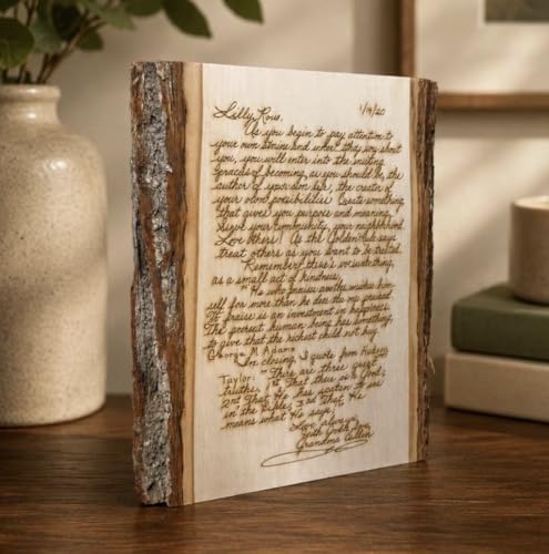 Handwritten Letter on Wood, Custom Engraved Wedding Vows & Anniversary | Authentic basswood, real bark edges, laser engraving, optional back message, 3 sizes, hanging hardware or stand
