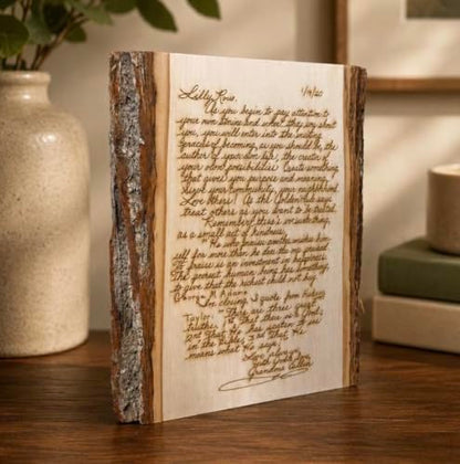 Handwritten Letter on Wood, Custom Engraved Wedding Vows & Anniversary | Authentic basswood, real bark edges, laser engraving, optional back message, 3 sizes, hanging hardware or stand