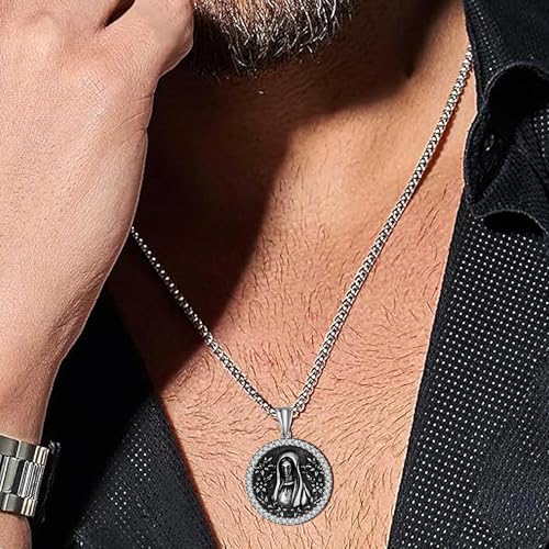 925 Sterling Silver Patron Saint Necklace Amulet Miraculous Medal Pendant Jewelry for Men Women with Friendship Talisman Travel Inspirational Gifts - color: black-B