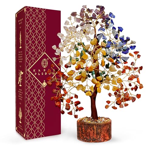 Chakra Tree of Life Birthday Gifts for Women, Mom, Sister, Friends, Handmade Healing Crystal Tree Brings Money, Positivity & Good Luck, Boho Home, Room and Office Desk Decor, Unique Return Gift - color: 7 Chakra Tree Wooden Base 300 Beads