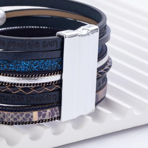 Tree of Life Inspirational Leather Wrap Bracelets Boho Western Cowgirl Cuff - color: Navy Blue