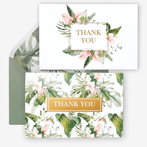 NUOERP Blank Thank You Cards With Envelopes, 30 Pack - 2 Elegant Floral Foil Wedding Thank You Cards With Envelopes - For Baby Shower, Graduation & Business Notes - Blank Inside - color: Green Flower Gold Foil