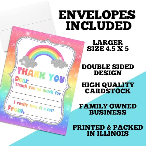 Rainbow Sparkle Thank You Notes for Kids, Ten 4" x 5.5" Fill In The Blank Cards with 10 White Envelopes by AmandaCreation - style: Rainbow Sparkle