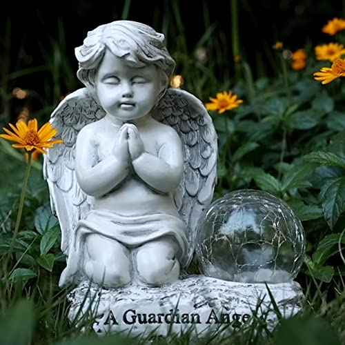 Angel Decor Praying Cherubs Statue, Garden Decor with Solar Crackle Glass Globe for Lawn Patio Decorations - style: Modern