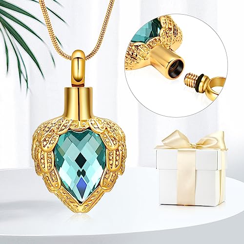 memorial jewelry Gold Angel Wings Glass Heart Urn Pet/Human Cremation Pendant Necklace Jewelry for Ashes - color: Blue