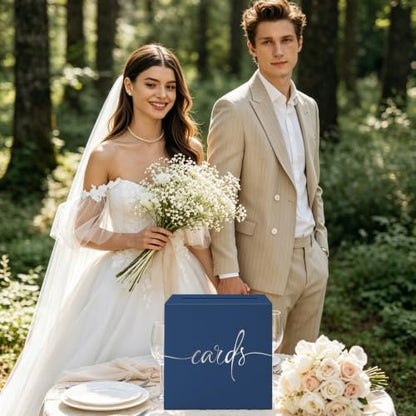 Navy Blue Wedding Card Box with Silver Foil Design, Paperboard 8.7" Card Box for Graduation Birthday Party Reception Retirement Anniversary Bridal & Baby Shower - color: Navy Blue Card Box with Silver Foil, size: 8.7×8.7×8.7Inch(1 Pack)