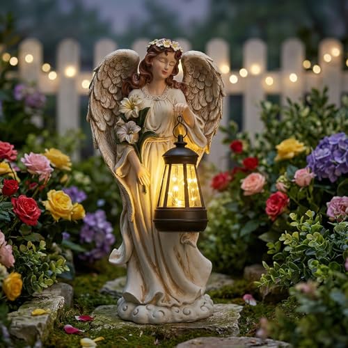 Garden Angel Statue, Solar Garden Angel Statues for Outside with Lantern | 13.2'' Angels Outdoor with Warm Solar Lights,Angel Figurines Cemetery Decorations for Grave Yard Lawn Patio and Gifts for Mom - color: Lantern