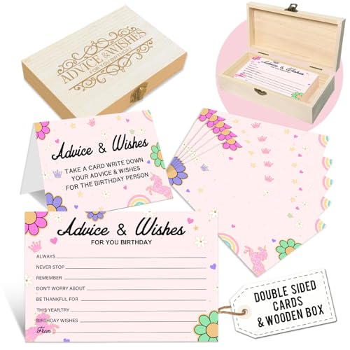 Advice and Wishes Cards with Wooden Box for Birthday Party, 50 Double Sided Guest Advice Cards for Kids Adults, Birthday Party Game Keepsake Memory Cards Set -A01 (B pink)