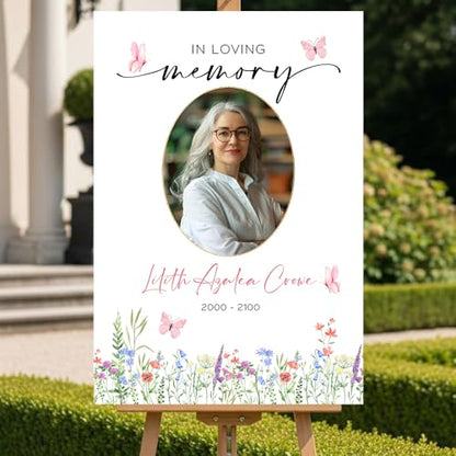 Personalized Celebration of Life Welcome Sign with Photo, Obituary Welcome Sign with Name and Date, Celebrating a Beautiful Life Butterfly Flower Tribute, Butterfly Flower Remembrance Decor, Custom Funeral Welcome Sign (Edition 2) - color: Edition 2