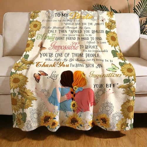 to My Bestie Throw Blanket, Sunflower Girl Silhouette with Heartfelt Quote, Soft Flannel Blanket, Birthday, Mother's Day, Christmas & Friendship Day 50x60 Inch - color: Friend-3