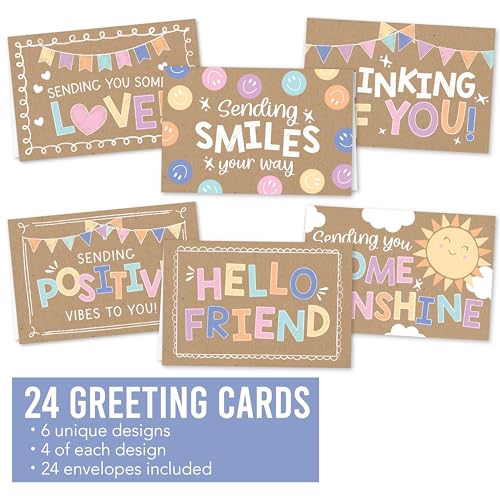 Hadley Designs Thinking of You Cards with Envelopes - 24 Hello Greeting Cards Thinking of You Card for Men & Women Bulk, Blank Encouragement Card for Kids, Just Because Cheerful Encouraging Notecards - style: Kraft Colorful