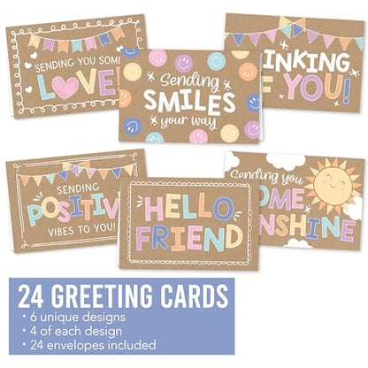 Hadley Designs Thinking of You Cards with Envelopes - 24 Hello Greeting Cards Thinking of You Card for Men & Women Bulk, Blank Encouragement Card for Kids, Just Because Cheerful Encouraging Notecards - style: Kraft Colorful