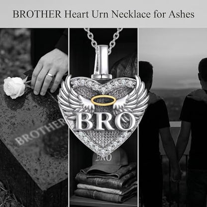 Family Members Urn Necklace for Ashes 925 Sterling Silver Angel Wings Heart Cremation Memorial Keepsake Pendant Jewelry for Loved One's Ashes, with 18" + 2" Stainless Steel Chain - style: Heart-Brother