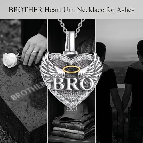 Family Members Urn Necklace for Ashes 925 Sterling Silver Angel Wings Heart Cremation Memorial Keepsake Pendant Jewelry for Loved One's Ashes, with 18" + 2" Stainless Steel Chain - style: Heart-Brother