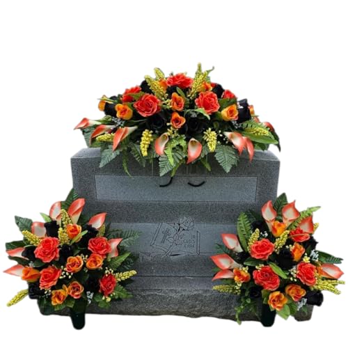 Headstone Saddle and Cemetery Cone Set with Orange and Black Rose Flowers for Halloween, Fall, and Motorcycle Biker Memorial Decoration