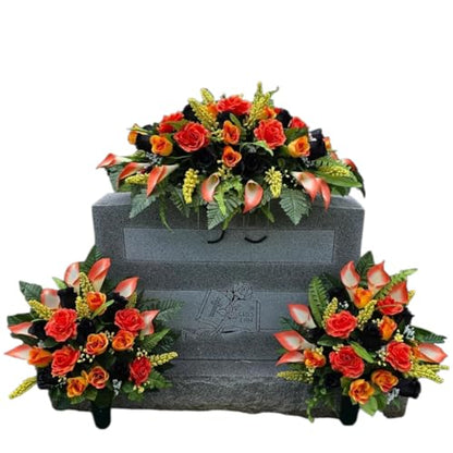 Headstone Saddle and Cemetery Cone Set with Orange and Black Rose Flowers for Halloween, Fall, and Motorcycle Biker Memorial Decoration