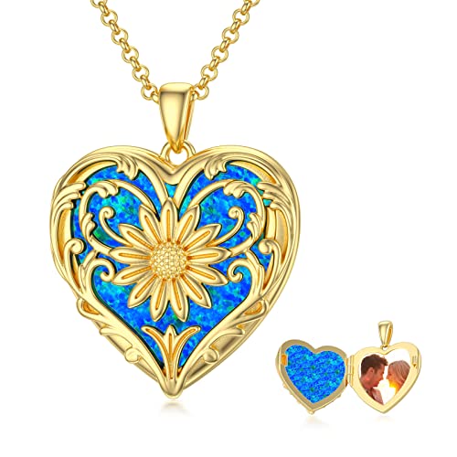 SOULMEET 10K 14K 18K Solid Gold Personalized Sunflower/Starburst/Cross/Rose/Lotus/Butterfly/Turtle/Celtic/Bee Heart Locket Necklace That Holds Picture Gift Choice - style: A2-Blue opal gold locket+photo