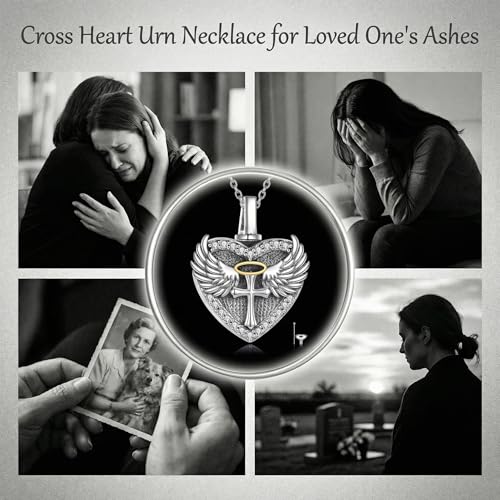 Family Members Urn Necklace for Ashes 925 Sterling Silver Angel Wings Heart Cremation Memorial Keepsake Pendant Jewelry for Loved One's Ashes, with 18" + 2" Stainless Steel Chain - style: Heart-Cross