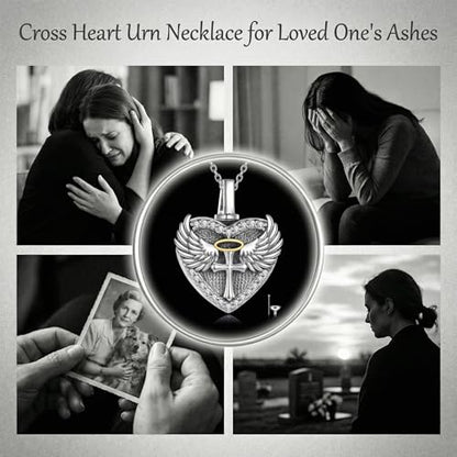 Family Members Urn Necklace for Ashes 925 Sterling Silver Angel Wings Heart Cremation Memorial Keepsake Pendant Jewelry for Loved One's Ashes, with 18" + 2" Stainless Steel Chain - style: Heart-Cross