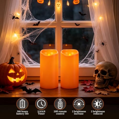 Amagic 3"x6" Flameless Candles, Waterproof LED Pillar Candles, Set of 2 - color: Orange, size: 2 Pack, D3"xH6"