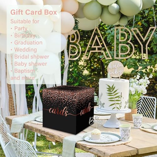 Black and Rose Gold Card Box for Party, 8.7", 1 Pack | Gift Card Box Money Box, for Birthday, Wedding, Baby Shower, Retirement, Anniversary, Bridal Shower, Raffle Ticket - color: Black and Rose Gold Card Box