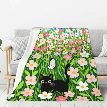 Cute Cat Fleece Throw Blanket, Flowers Flannel Blankets for Couch 50"×60" - color: Cute Black Cat