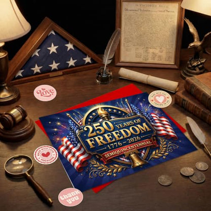 250th Anniversary Card Freedom Torch Flag America Patriotic Gift | 250th Anniversary Freedom Card with American Flags and Liberty Bell for 4th of July Celebration and Patriotic Events - color: ame14