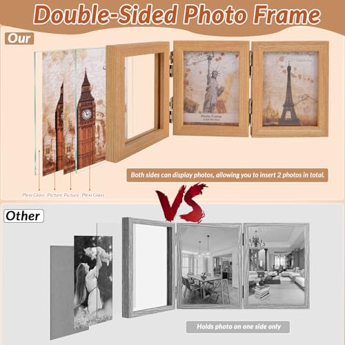 Collage Picture Photo Frames - 3.5x5, Triple Hinged 3 Desk Picture Frame, Wooden Desk Tabletop Family Photo Frame with Glass Opening, Decorative Folding Trifold Picture Frame Stand Vertical, Natural Wood - style: Collage Natural Wood 3-Fold,3×3.5"